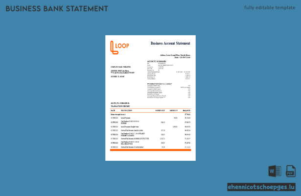 Kenya Loopa Bank Geschäftskontoauszug im Word- und PDF-Format (Beispielvorschau)